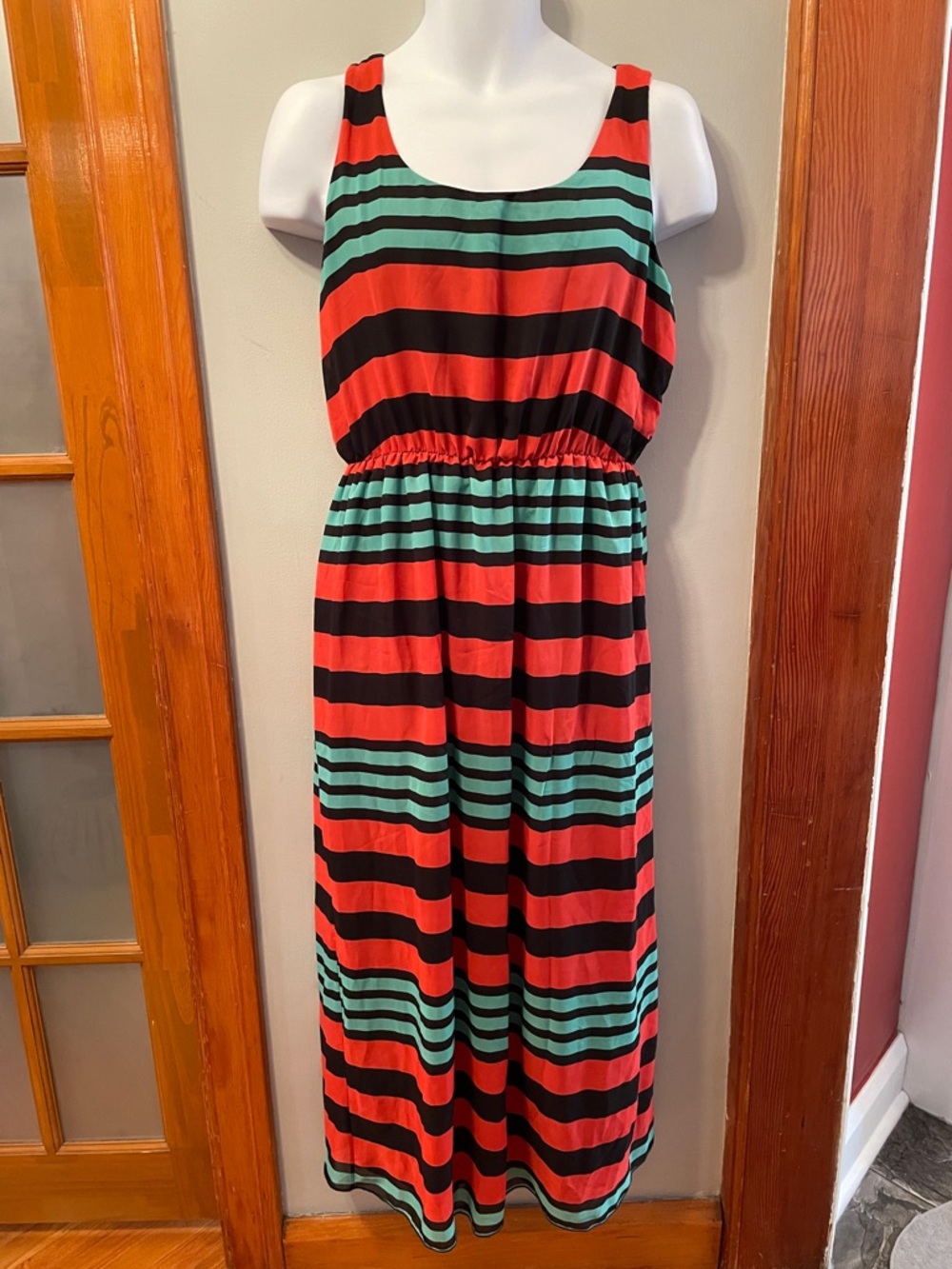 Colour-block Striped Multicolour Sleeveless Long Lightweight Lined Dress Holiday